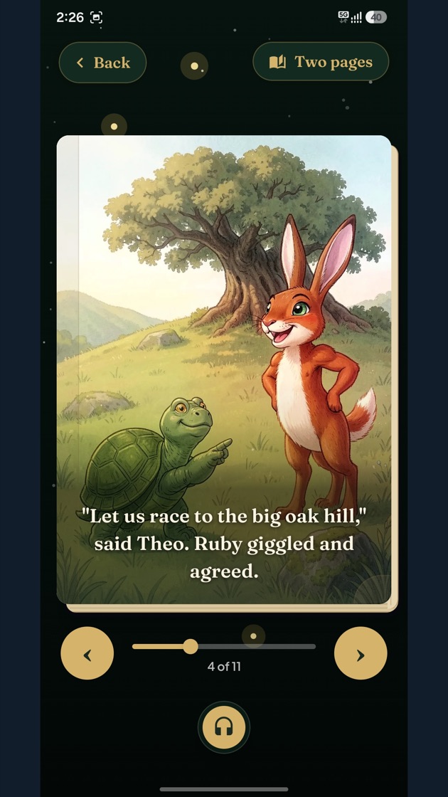 A StoryCubby story page showing an illustration with narration controls below it.