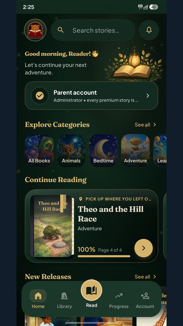 The StoryCubby home screen with categories and a story to continue reading.
